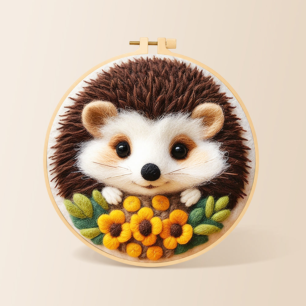 Sweet little hedgehog with floral accents needle felting kit for beginners with a round wooden frame