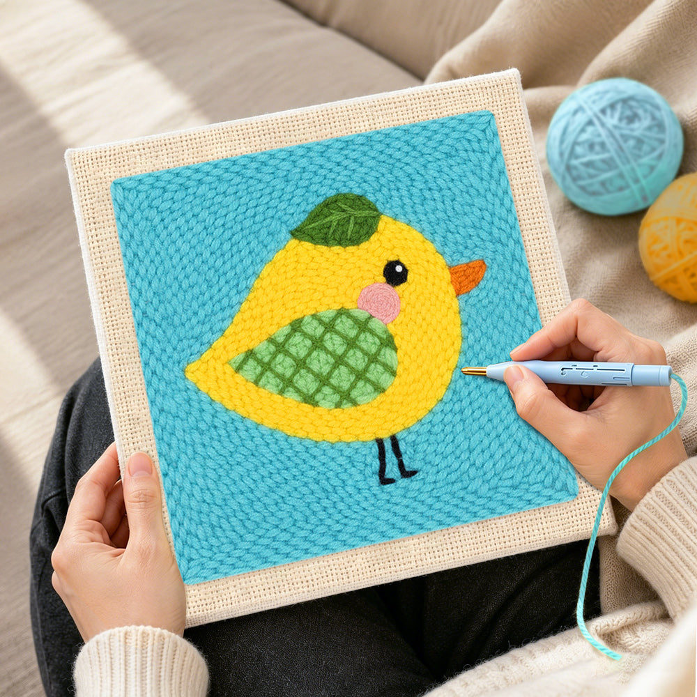 Creating handmade sweet little yellow bird with green wing punch needle artwork