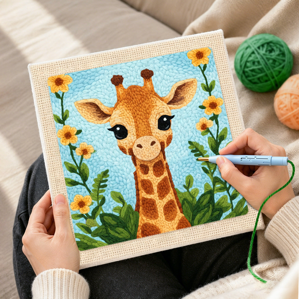 Creating handmade sweet long-neck giraffe and flowers punch needle artwork