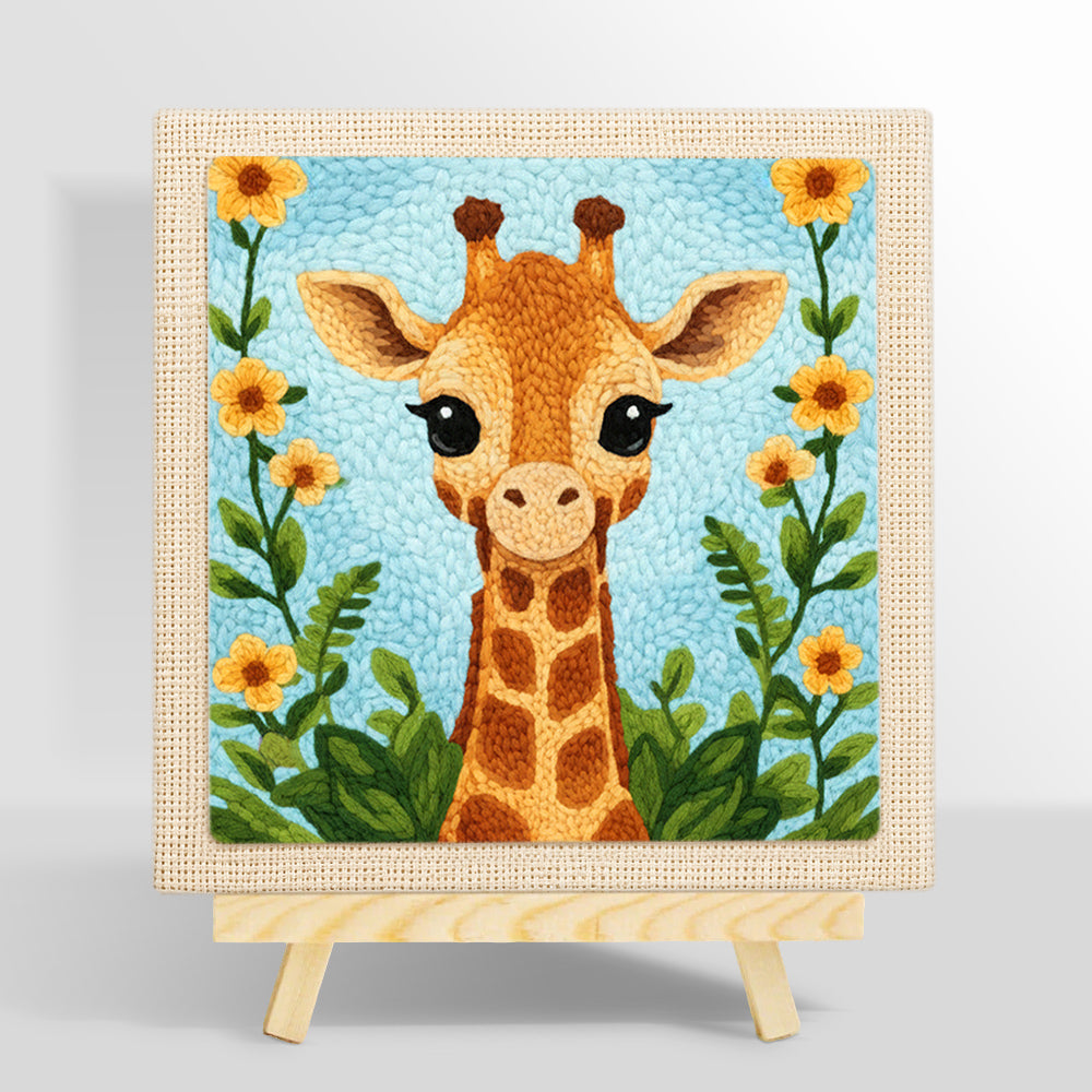 Sweet long-neck giraffe and flowers punch needle kit for beginners