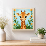 Finished sweet long-neck giraffe and flowers artwork displayed on a wall