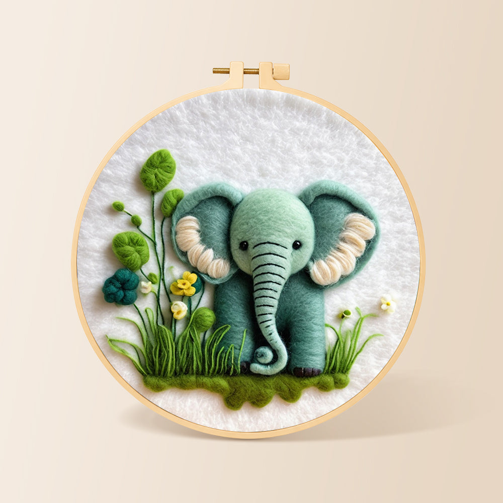 Sweet mint green elephant and plants needle felting kit for beginners with a round wooden frame