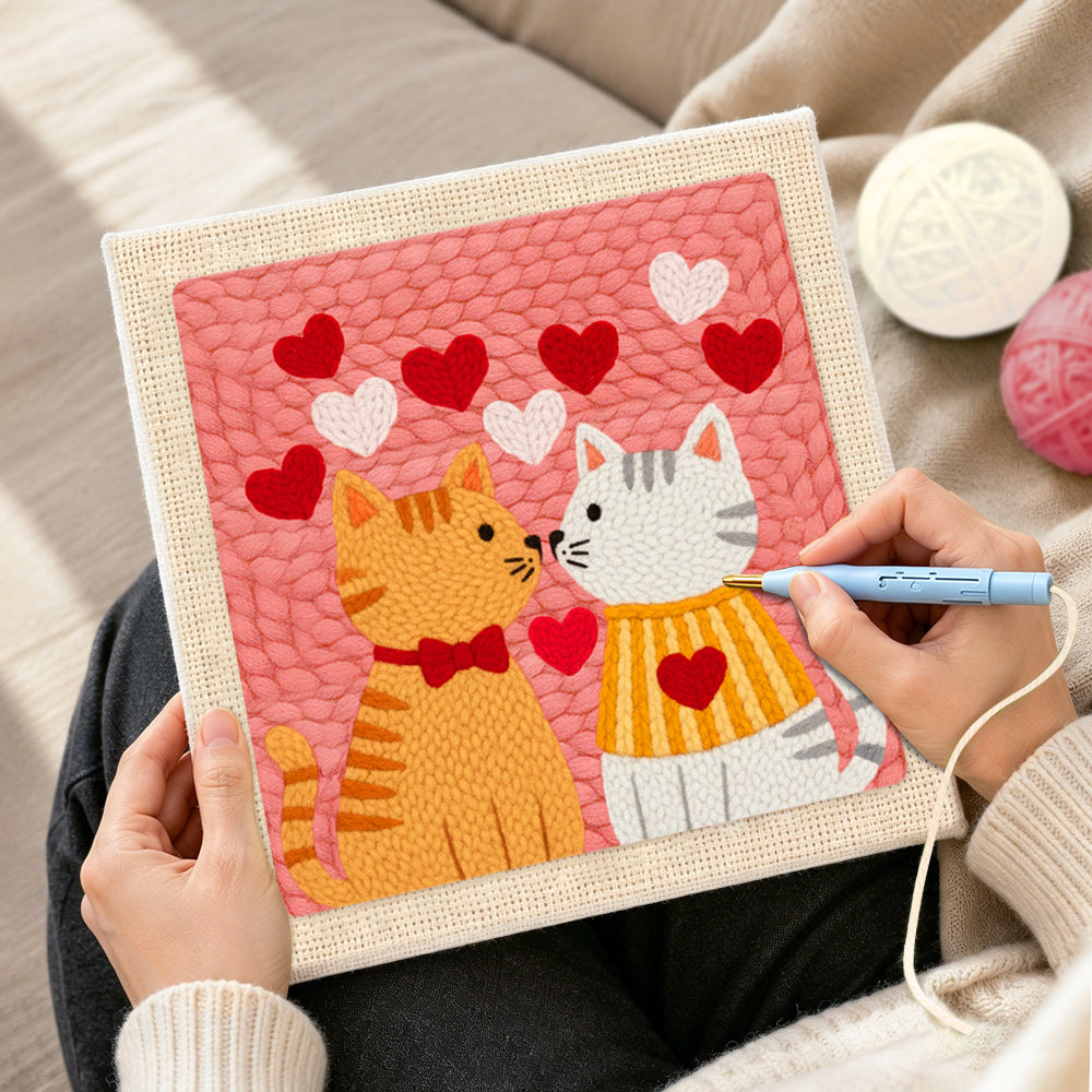 Creating handmade sweet nose-to-nose cat couple punch needle artwork