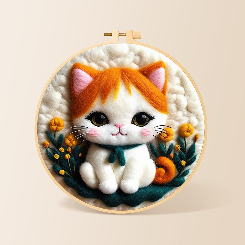 Sweet orange and white kitten needle felting kit for beginners with a round wooden frame