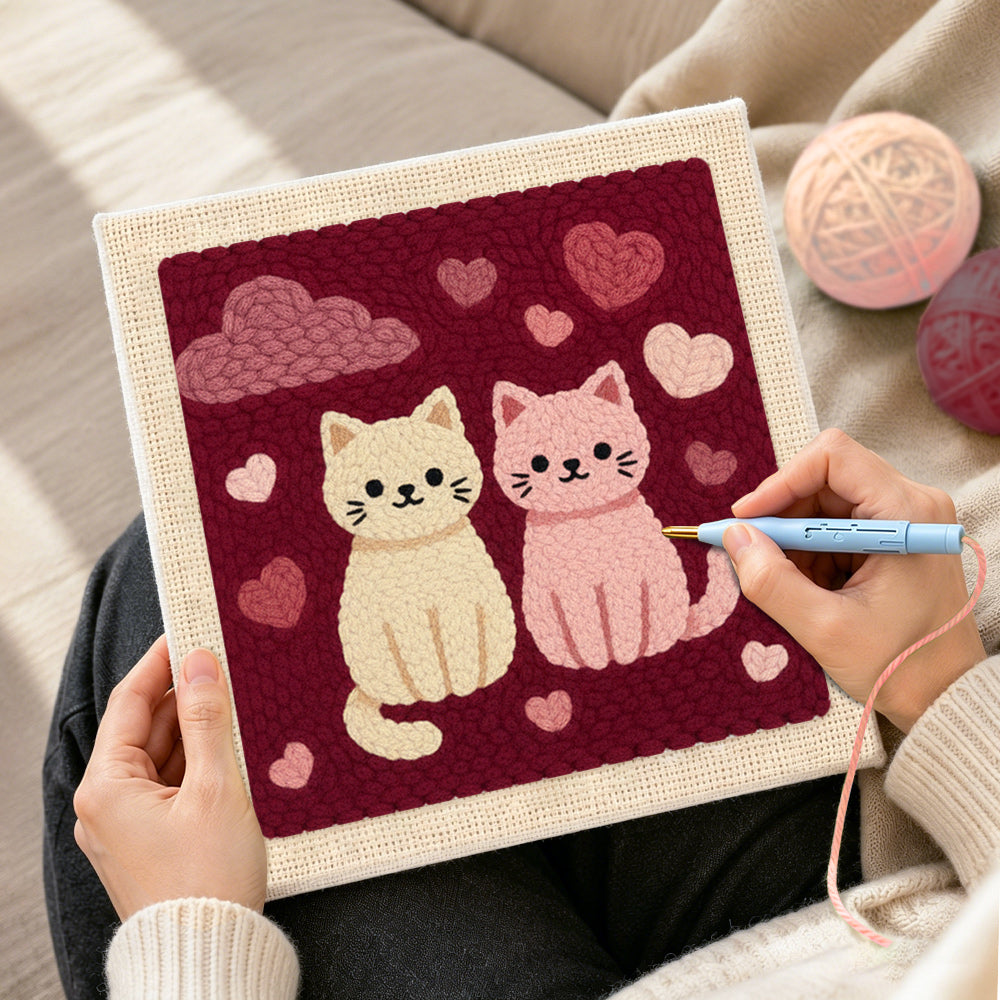 Creating handmade sweet pink and cream cat couple punch needle artwork