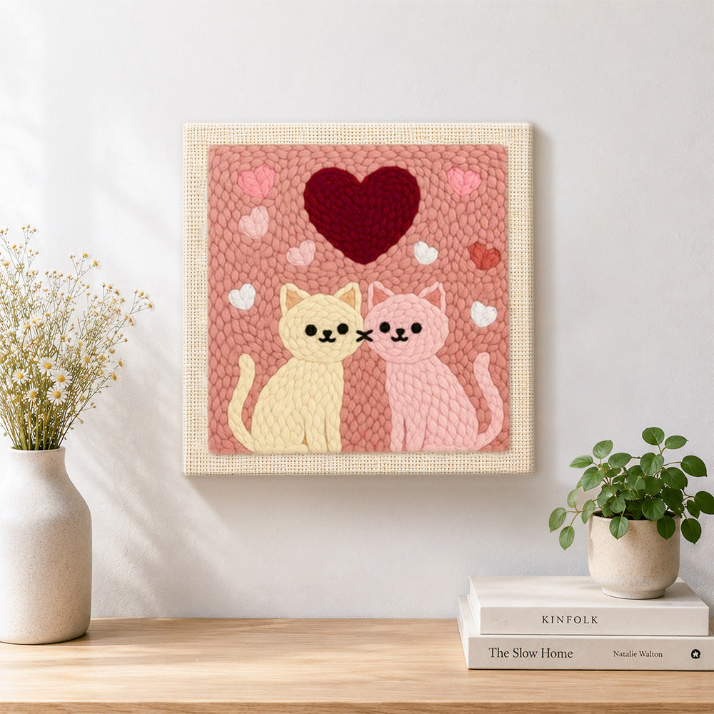 Finished sweet pink and cream cat pair with large heart artwork displayed on a wall
