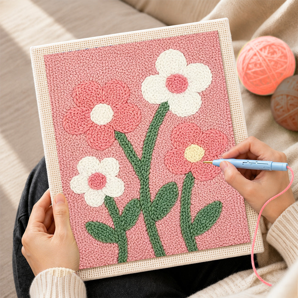 Creating handmade sweet pink and white flowers punch needle artwork