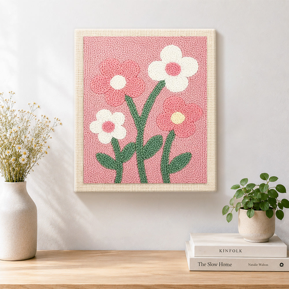 Finished sweet pink and white flowers artwork displayed on a wall