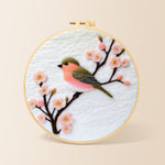 Sweet pink blossom bird needle felting kit for beginners with a round wooden frame
