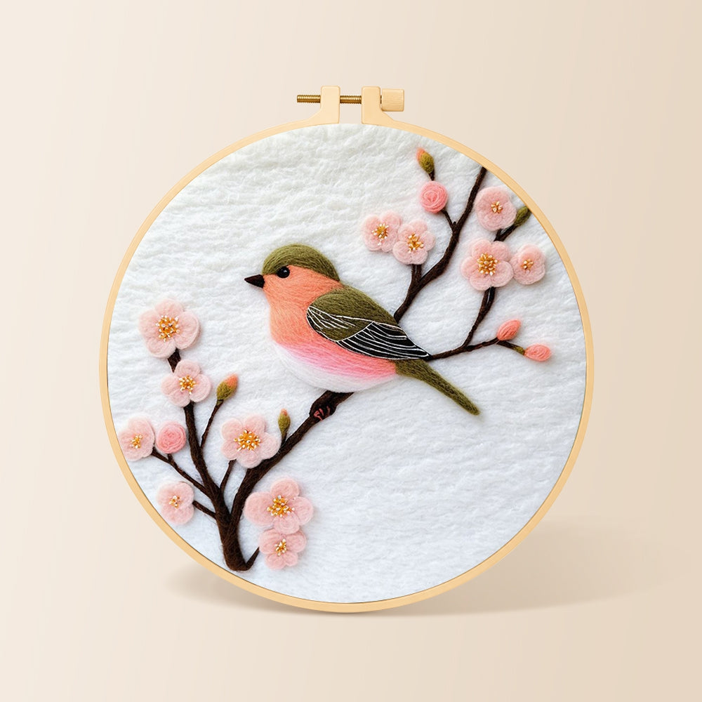 Sweet pink blossom bird needle felting kit for beginners with a round wooden frame