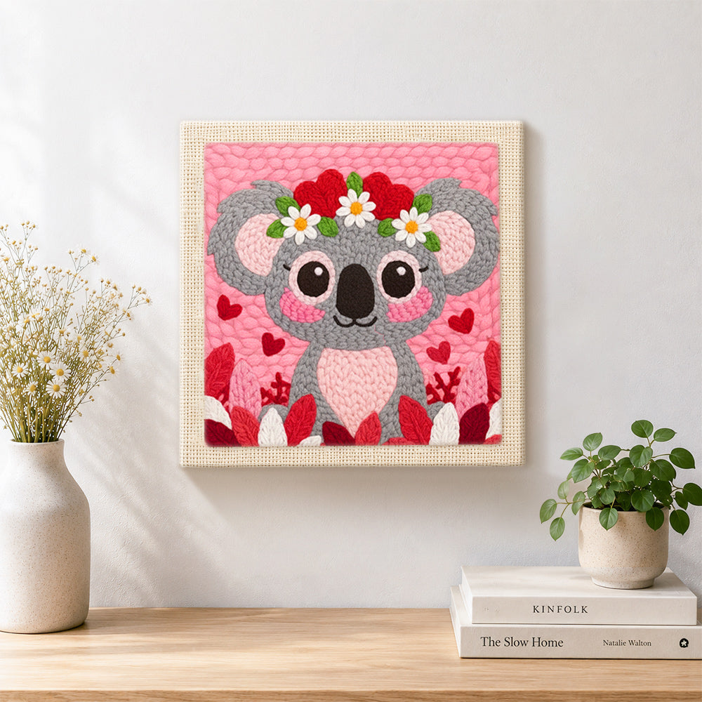 Finished sweet pink koala with heart flower crown artwork displayed on a wall