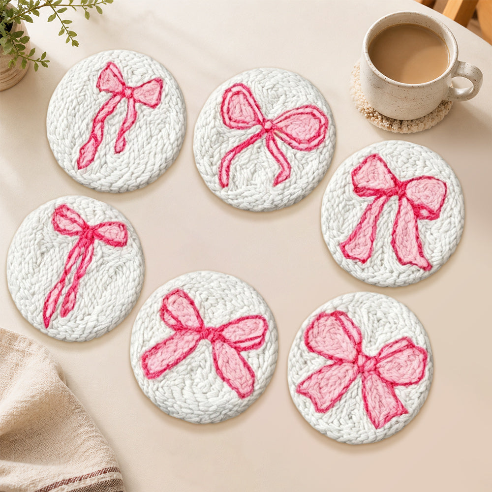 Sweet pink ribbon punch needle coasters used for home decoration