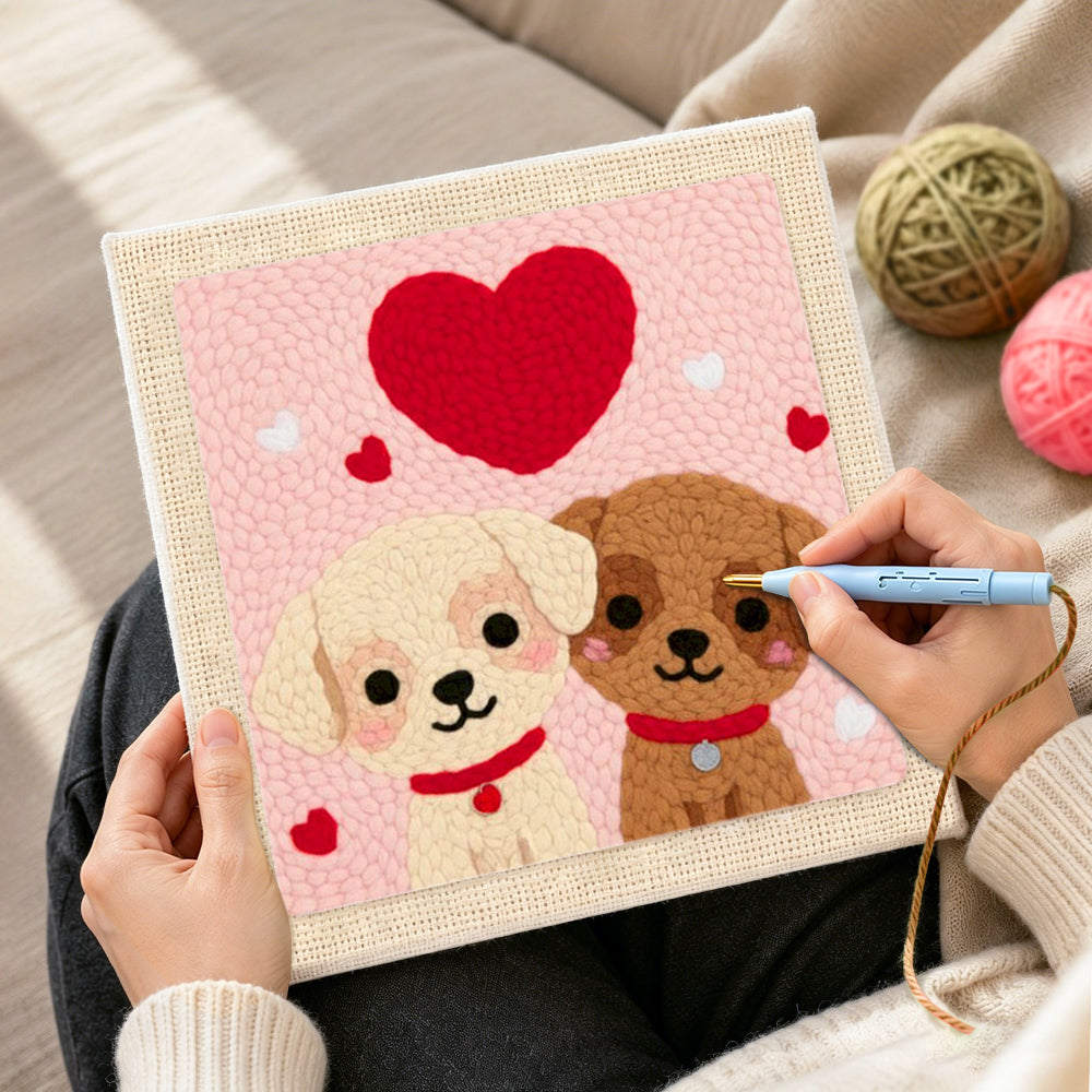 Creating handmade sweet puppies under a heart punch needle artwork
