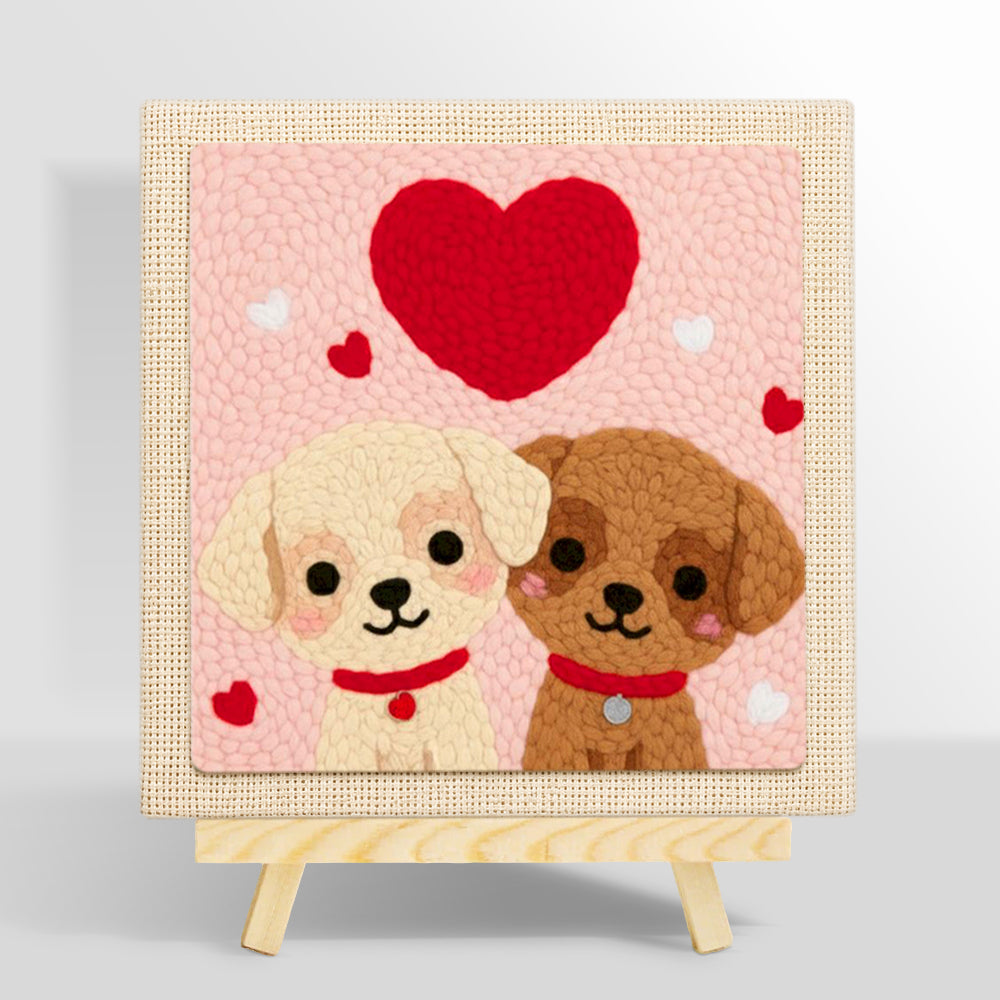 Sweet puppies under a heart punch needle kit for beginners