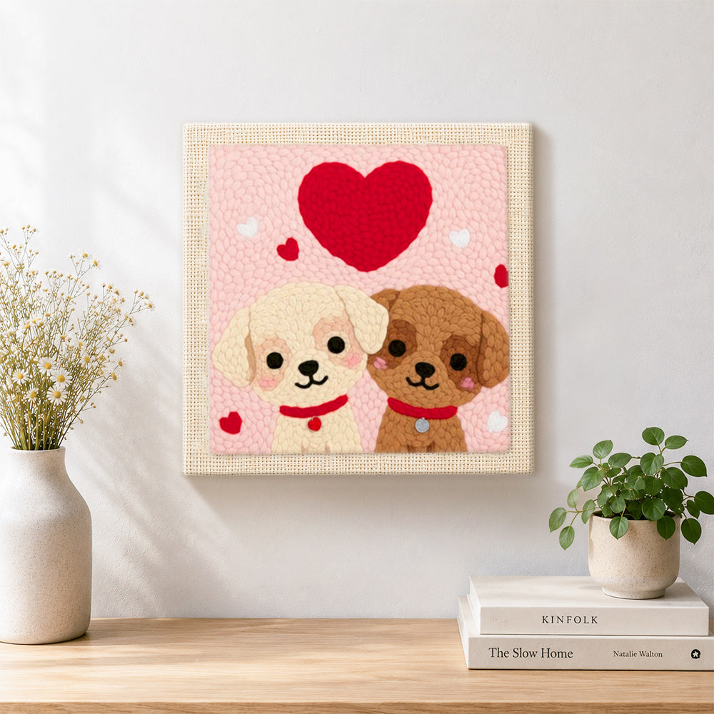 Finished sweet puppies under a heart artwork displayed on a wall