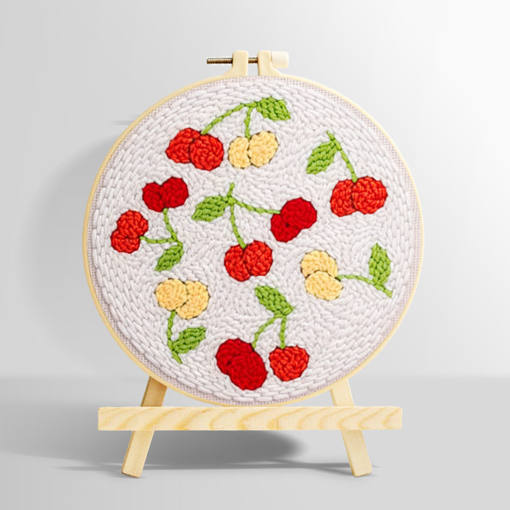 Sweet red and yellow cherries punch needle kit for beginners