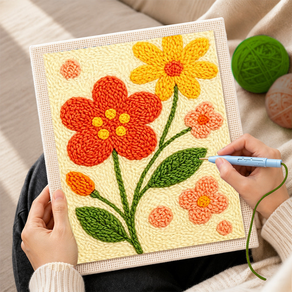 Creating handmade sweet red and yellow flowers punch needle artwork