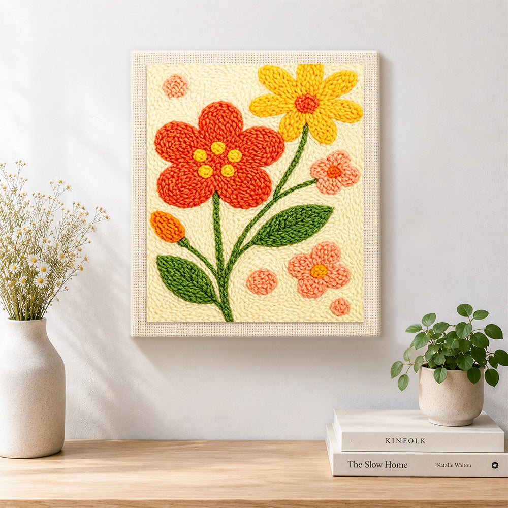Finished sweet red and yellow flowers artwork displayed on a wall