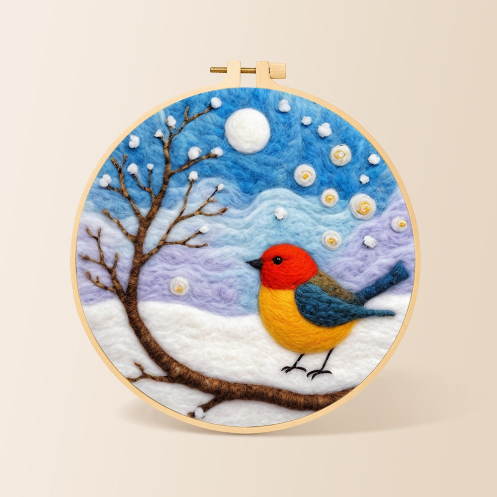 Sweet red and yellow winter robin needle felting kit for beginners with a round wooden frame