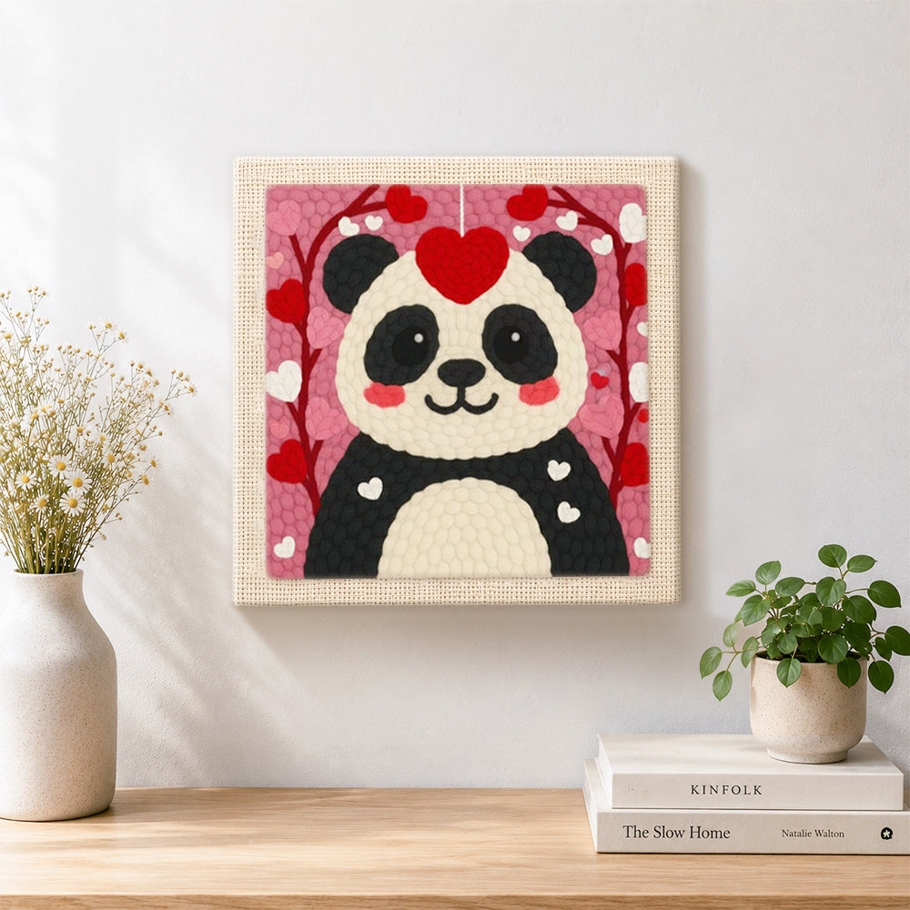 Finished sweet red heart panda artwork displayed on a wall
