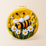 Sweet smiling bee with daisies needle felting kit for beginners with a round wooden frame