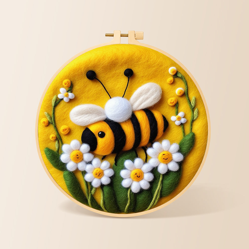 Sweet smiling bee with daisies needle felting kit for beginners with a round wooden frame