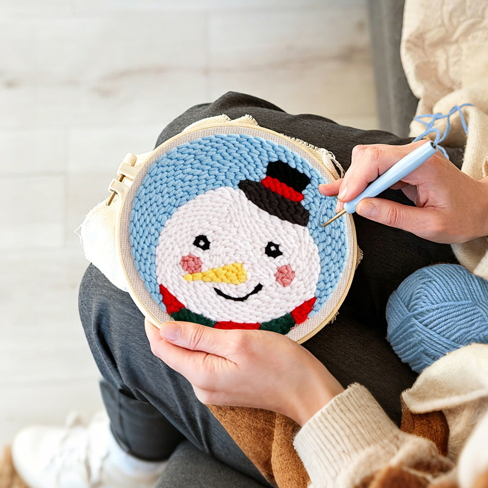 Creating handmade sweet snowman with top hat punch needle artwork