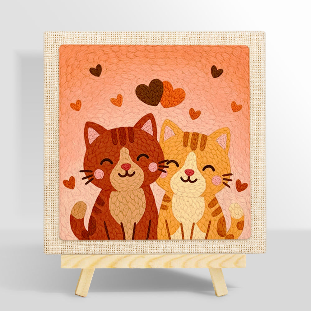 Sweet snuggling cat couple punch needle kit for beginners
