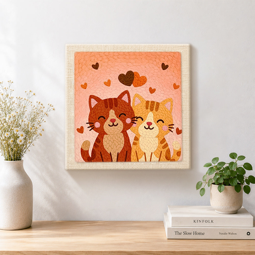 Finished sweet snuggling cat couple artwork displayed on a wall