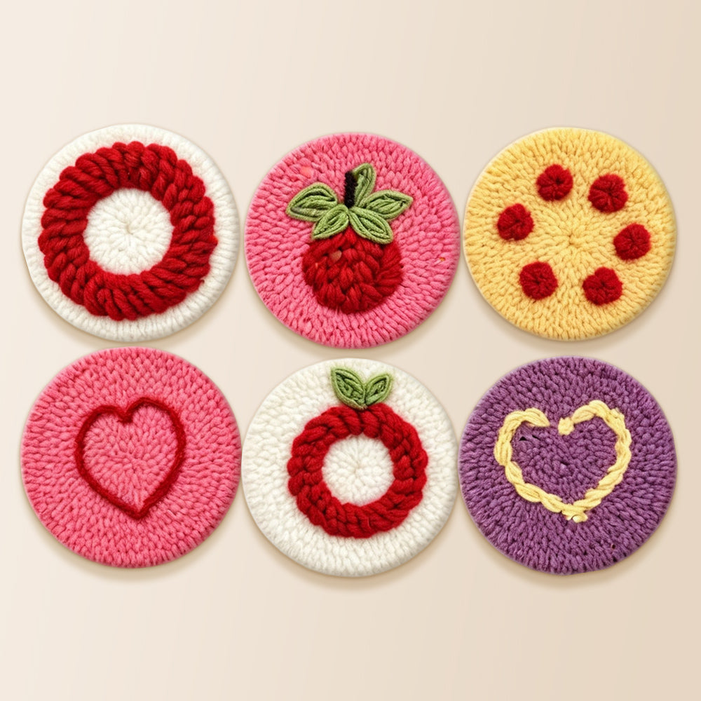 Sweet strawberry and heart punch needle coaster kit finished handmade coasters