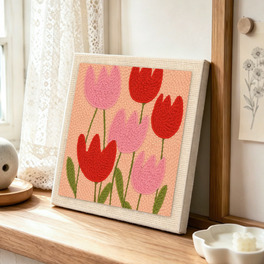 Sweet tulip flowers punch needle artwork displayed on a table