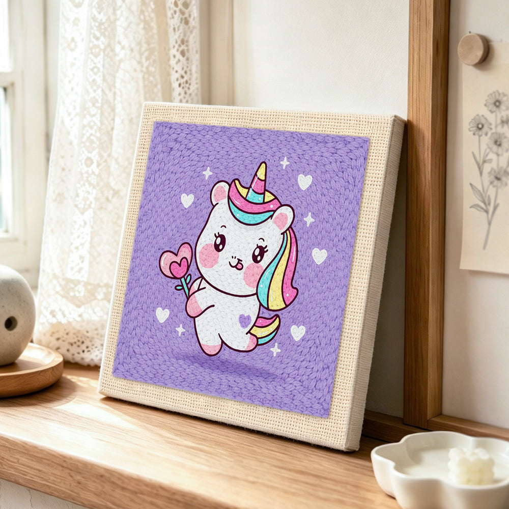 Sweet unicorn with magic heart wand punch needle artwork displayed on a table