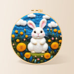 Sweet white bunny among yellow flowers needle felting kit for beginners with a round wooden frame
