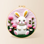 Sweet white bunny and pink flowers needle felting kit for beginners with a round wooden frame