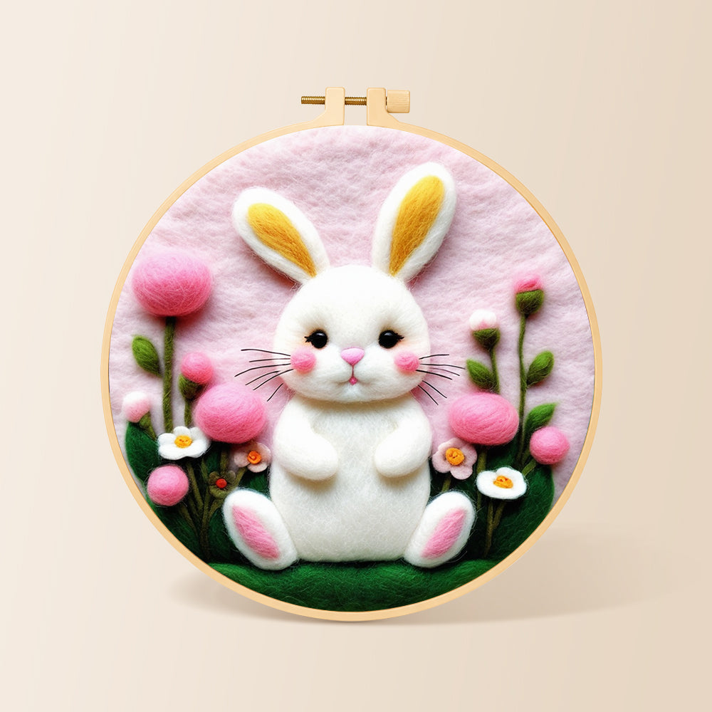 Sweet white bunny and pink flowers needle felting kit for beginners with a round wooden frame
