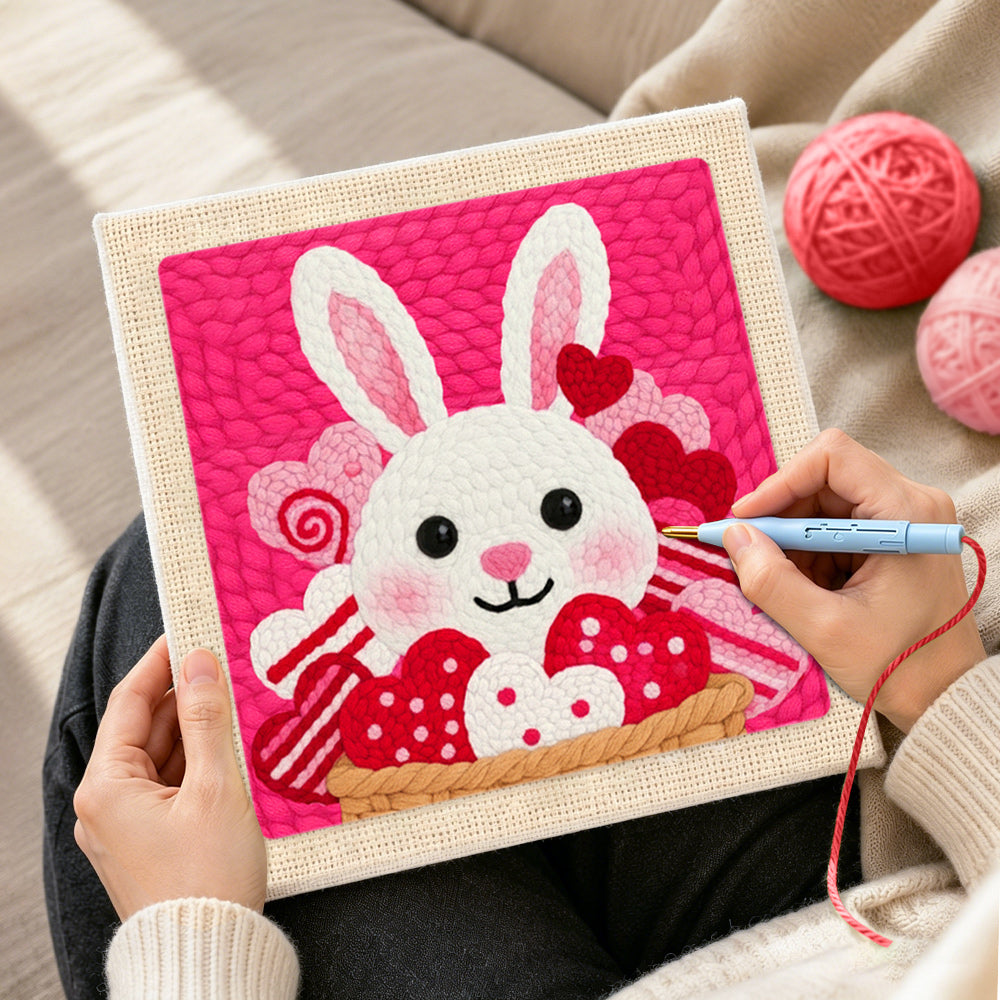 Creating handmade sweetie bunny with lollipopsy punch needle artwork