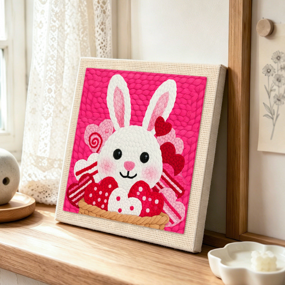 Sweetie bunny with lollipops punch needle artwork displayed on a table