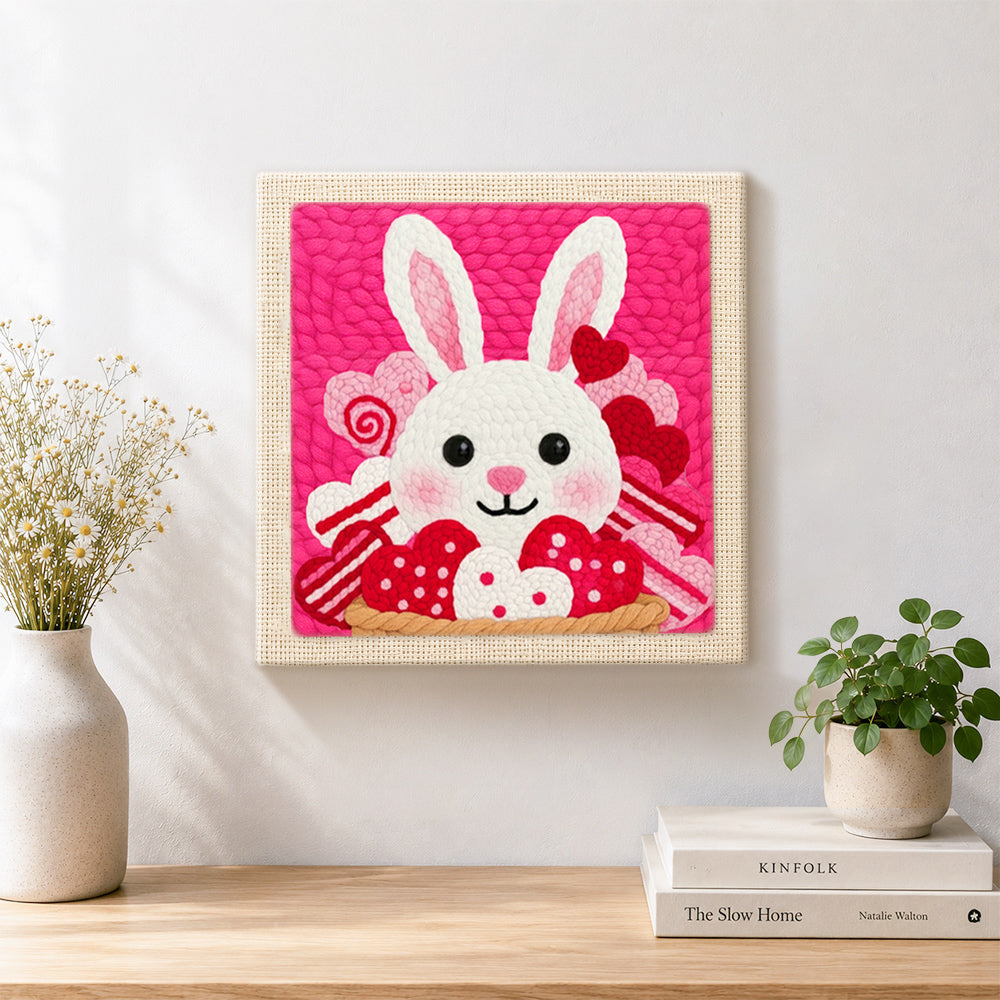 Finished sweetie bunny with lollipops artwork displayed on a wall