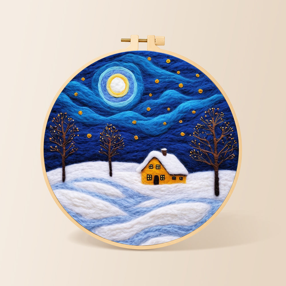 Swirling starry night and snowy cottage needle felting kit for beginners with a round wooden frame