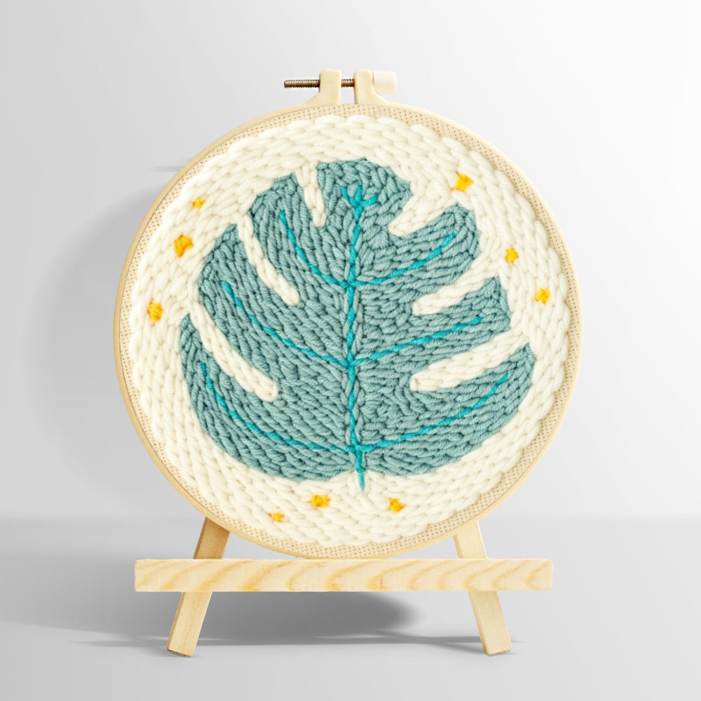 Teal monstera leaf with stars punch needle kit for beginners