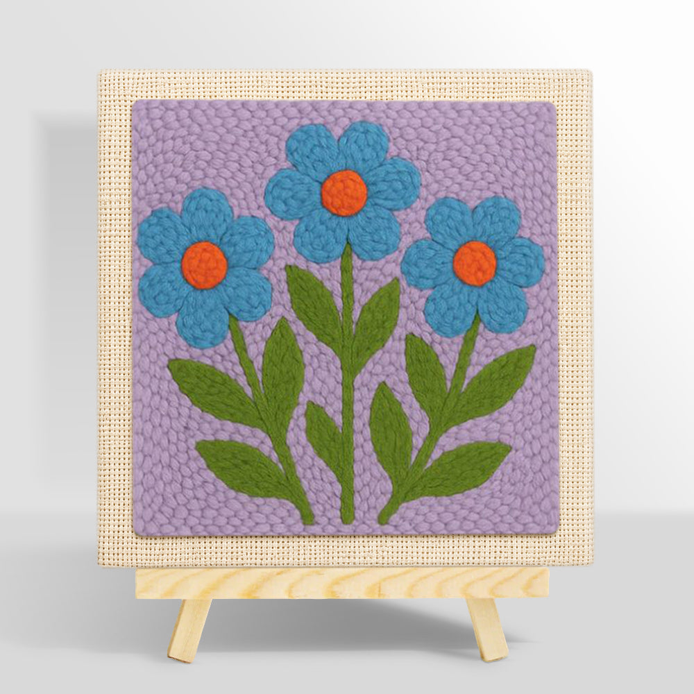 Three blue flowers punch needle kit for beginners