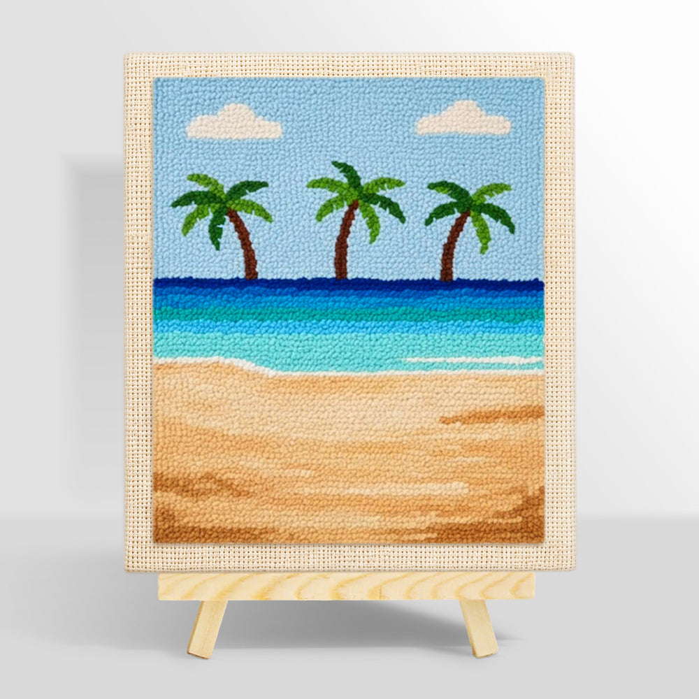 Three palm trees and blue ocean punch needle kit for beginners