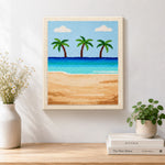 Finished three palm trees and blue ocean artwork displayed on a wall