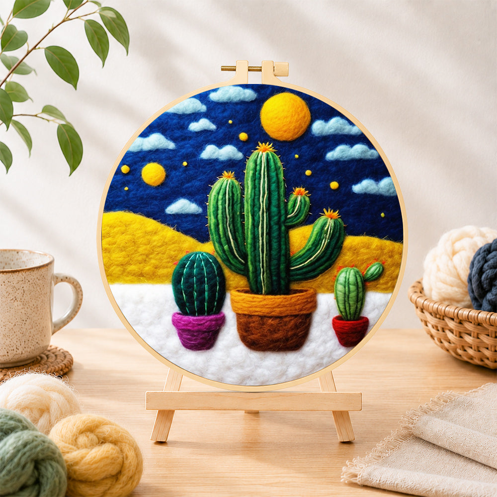 Finished three potted cactus under the starry night needle felting displayed on a wooden easel