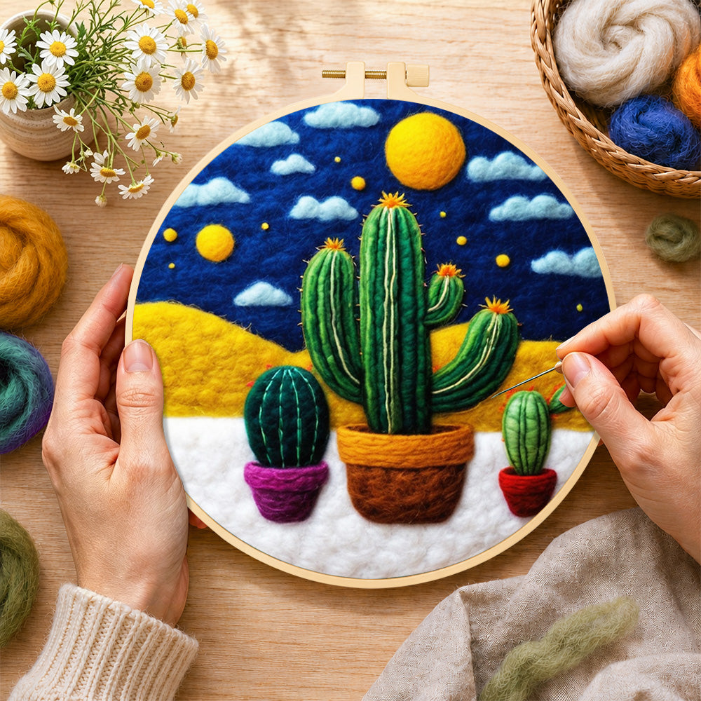 Creating the three potted cactus under the starry night wool painting by hand with a felting needle