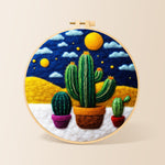 Three potted cactus under the starry night needle felting kit for beginners with a round wooden frame