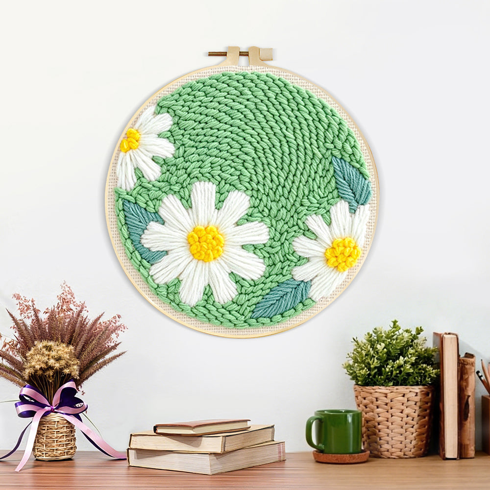 Finished three pure white daisies artwork displayed on a wall