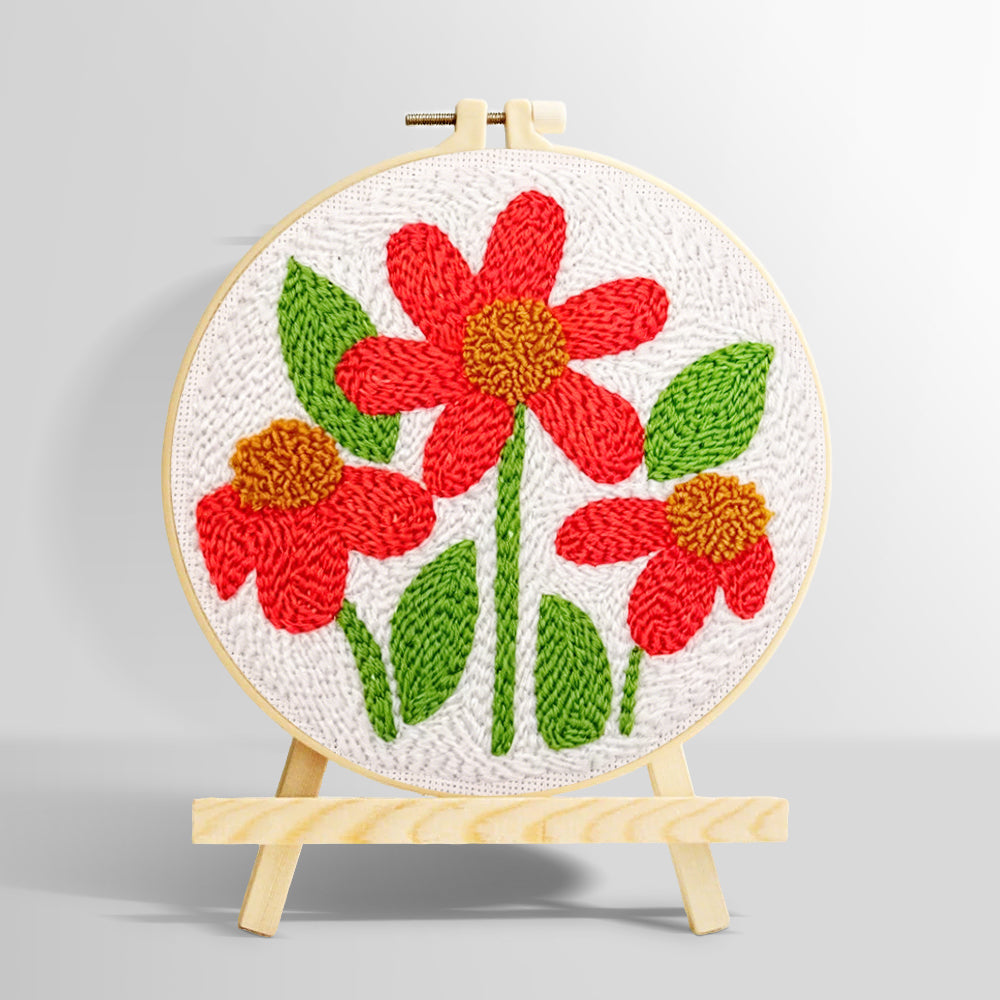 Three red flowers with green leaves punch needle kit for beginners