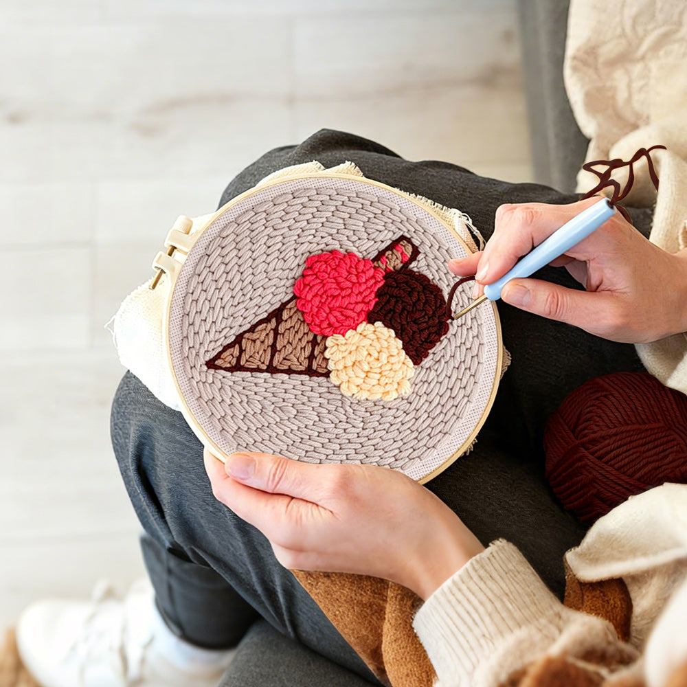 Creating handmade three-scoop ice cream cone punch needle artwork
