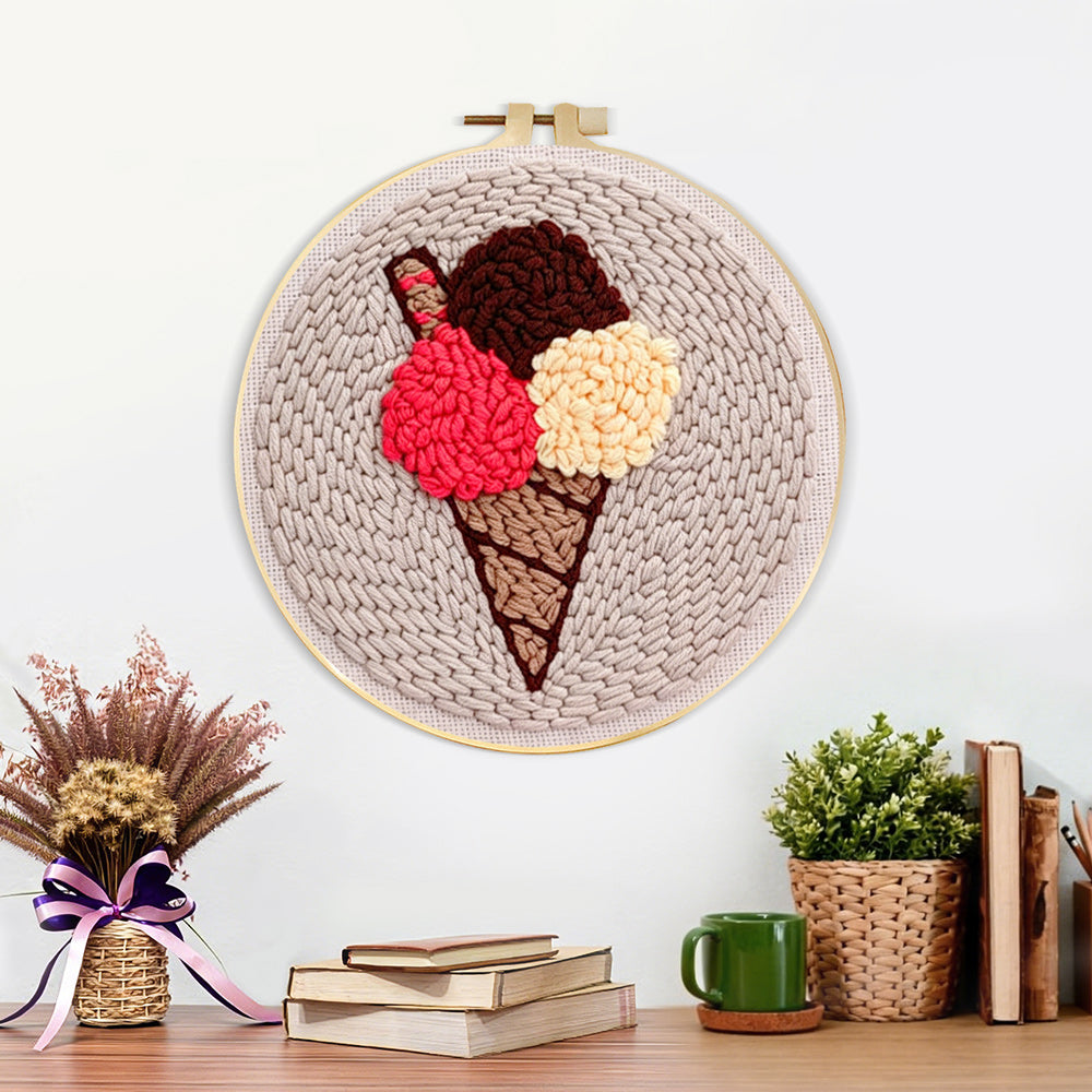 Finished three-scoop ice cream cone artwork displayed on a wall